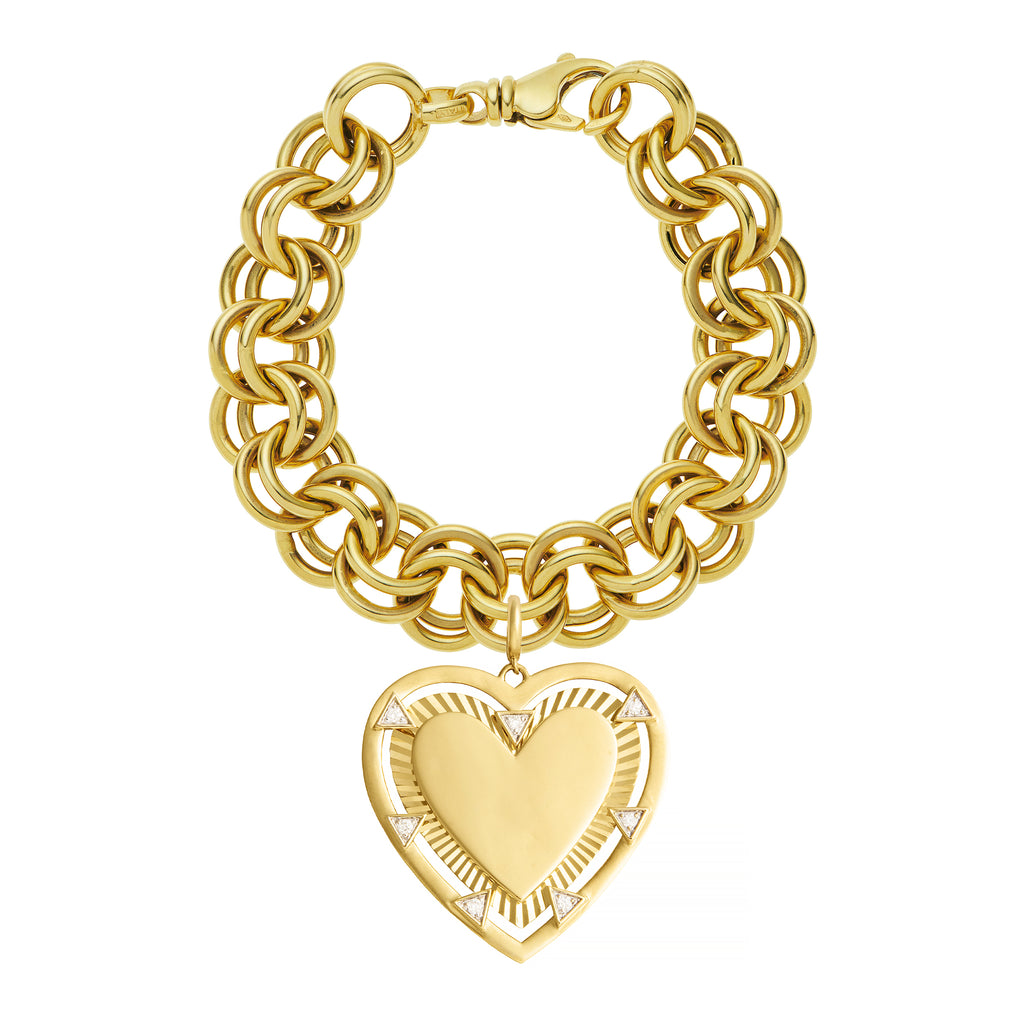 Vintage Heart Charm Link Bracelet | 14K Yellow Gold & Diamond
